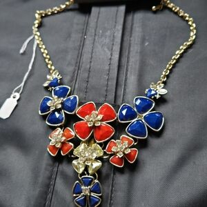 Gold-Tone Floral Statement Necklace with Red, Blue & White . And Clear Stones